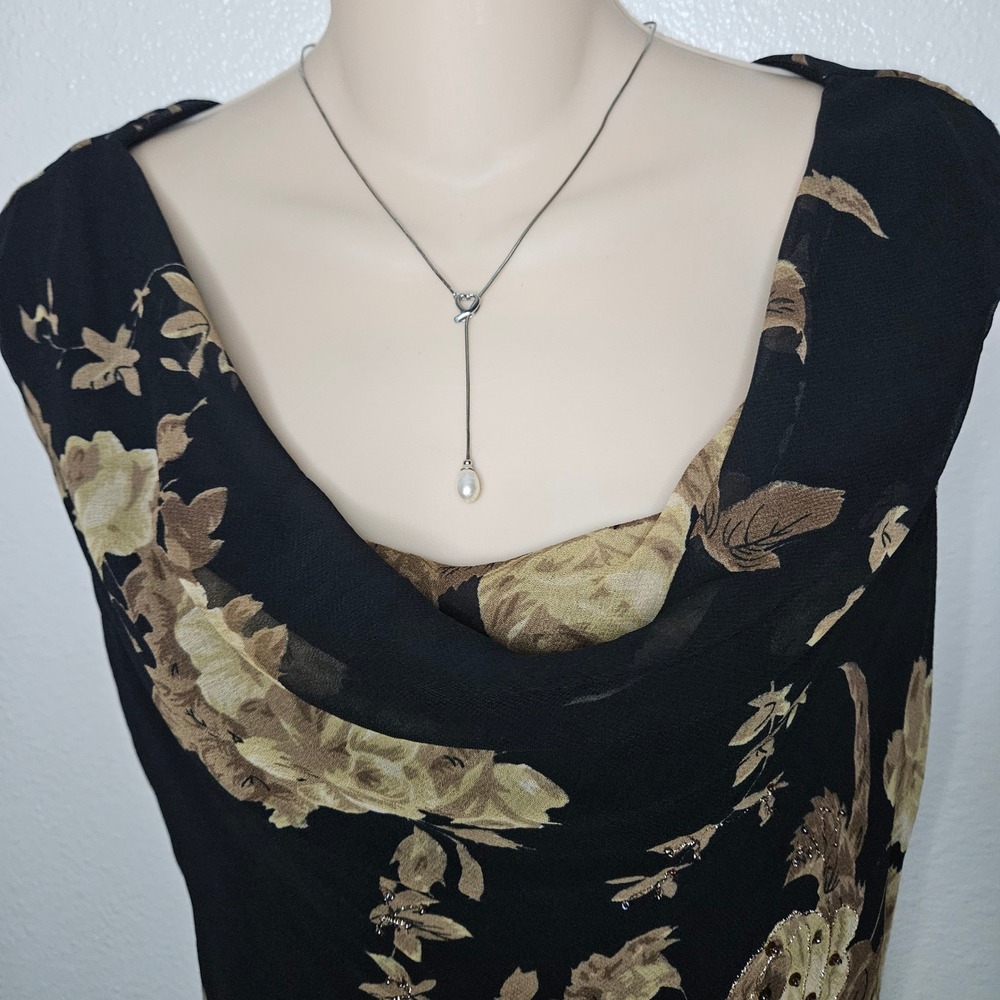 Connected Apparel Black Tan Floral Sequin Cowl Neck Midi Dress - Picture 3 of 6